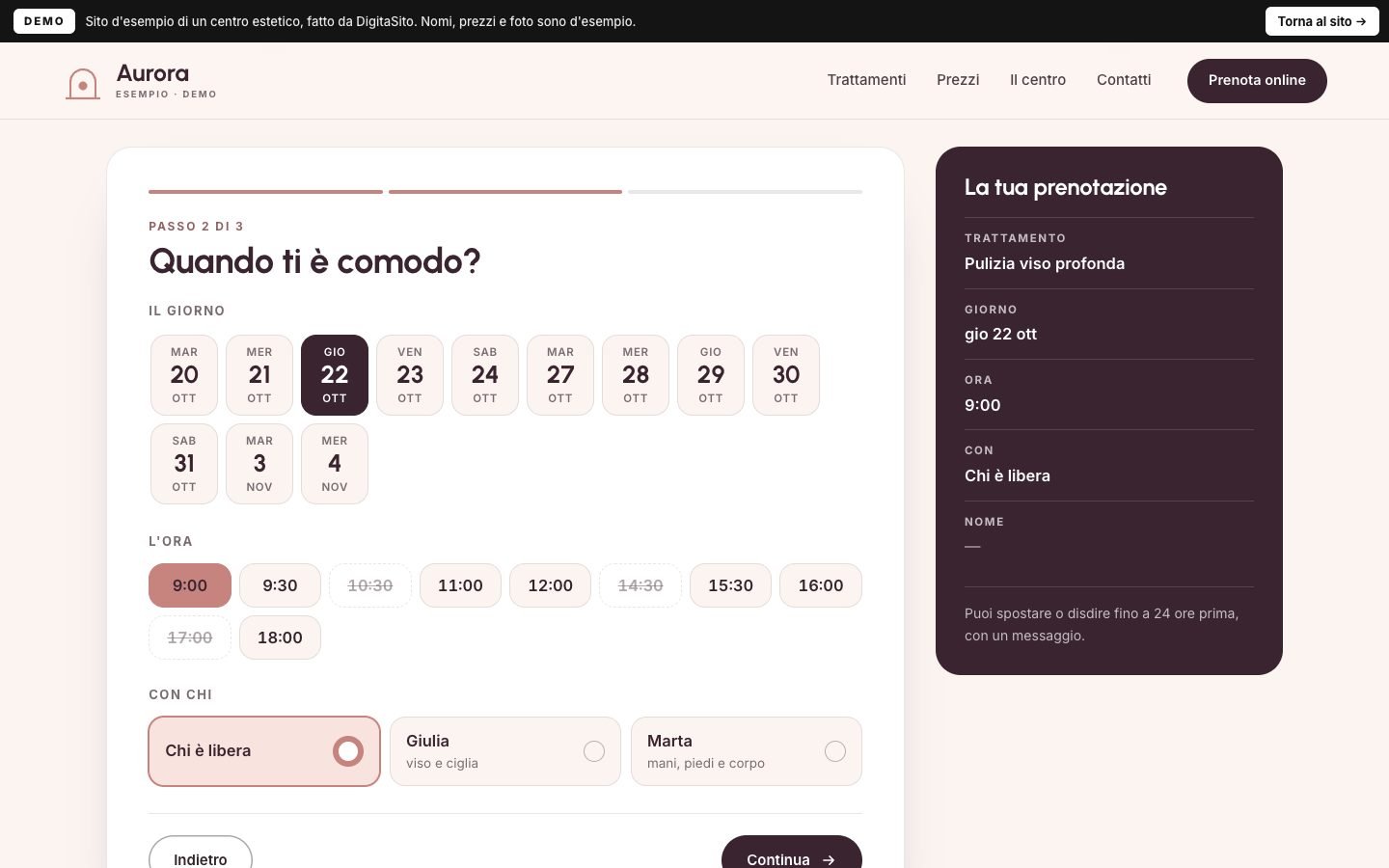 Schermata della demo: Prenota online